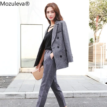 

Mozuleva Top Quality Women Pant Suits Uniform Formal Double Breasted Jacket & Long Pant Blazer Set Female OL Suit 2 Pieces Set