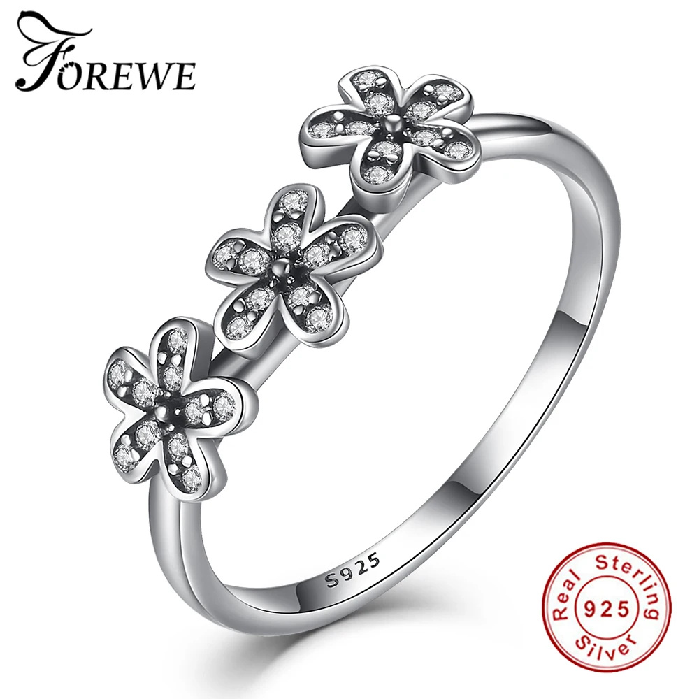 

FOREWE 925 Sterling Silver Flowers Finger Rings Dazzling Daisy Meadow Stackable Ring, Clear CZ For Women Wedding Jewelry