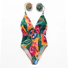 Купальный костюм с v-образным вырезом и глубоким вырезом, Цельный боди с высокой талией, одежда для плавания, летний купальный костюм с тропическим принтом, купальный костюм с пуш-ап и бретелькой через шею, купальный Монокини