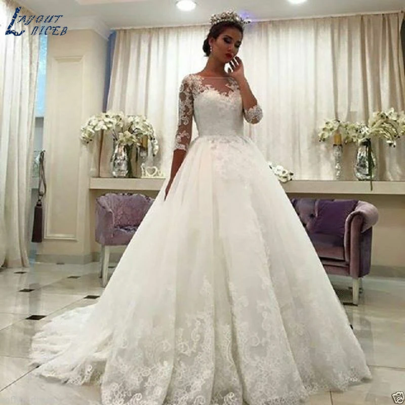 ZL1040 новые 3/4 рукава элегантные кружевные тюлевые трапециевидные Свадебные платья принцессы Свадебное платье знаменитостей vestido De Noiva robe de mariee