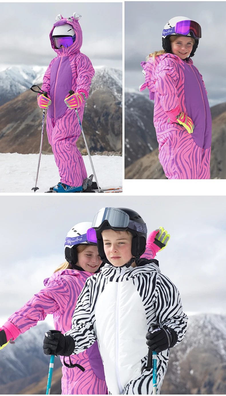 Детский лыжный костюм с мультипликационным принтом для мужчин и женщин, плотный ветрозащитный водонепроницаемый цельный лыжный комплект с динозавром