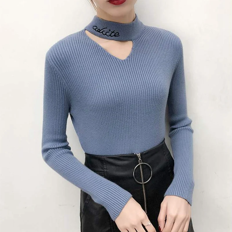 Women Sweater Slim Turtleneck Pullovers Tops Korean Letter Embroidery Knitted Female Sweaters Autumn Winter Casual Jumper