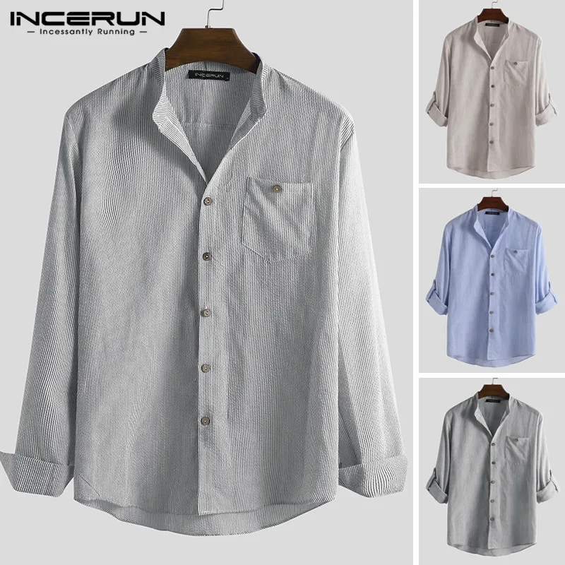 INCERUN Для мужчин стенд CollarShirt длинный рукав сплошной Цвет модные Повседневное свободная одежда для пребывания на открытом воздухе небольшой свежий авторский рубашка