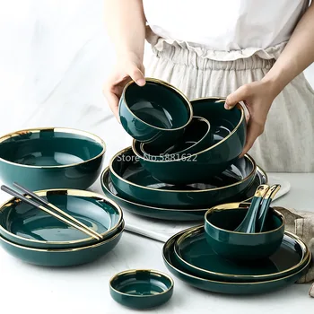 

Green Ceramic Gold Inlay Plate Steak Food Plate Nordic Style Tableware Bowl Ins Dinner Dish High End Porcelain Dinnerware Set