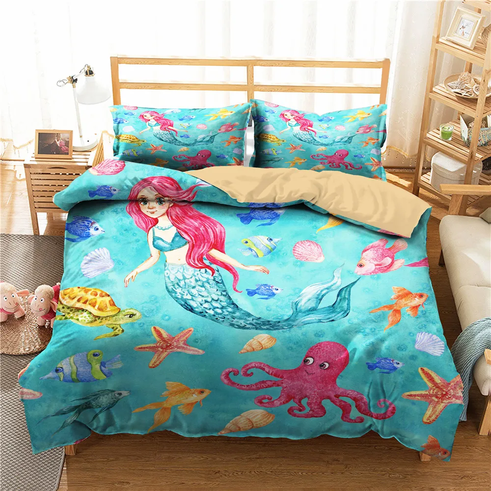 

Cartoon Bed Linen Mermaid Underwater World Printed Duvet Cover Set Bedroom Clothes Quilts and Bedding with Pillowcases for Kids