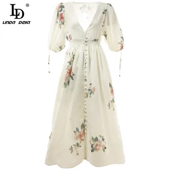 

LD LINDA DELLA Fashion Runway Summer Dress Women V-Neck Lantern Sleeve Elastic waist Button Flowers Print Vintage Midi Dress