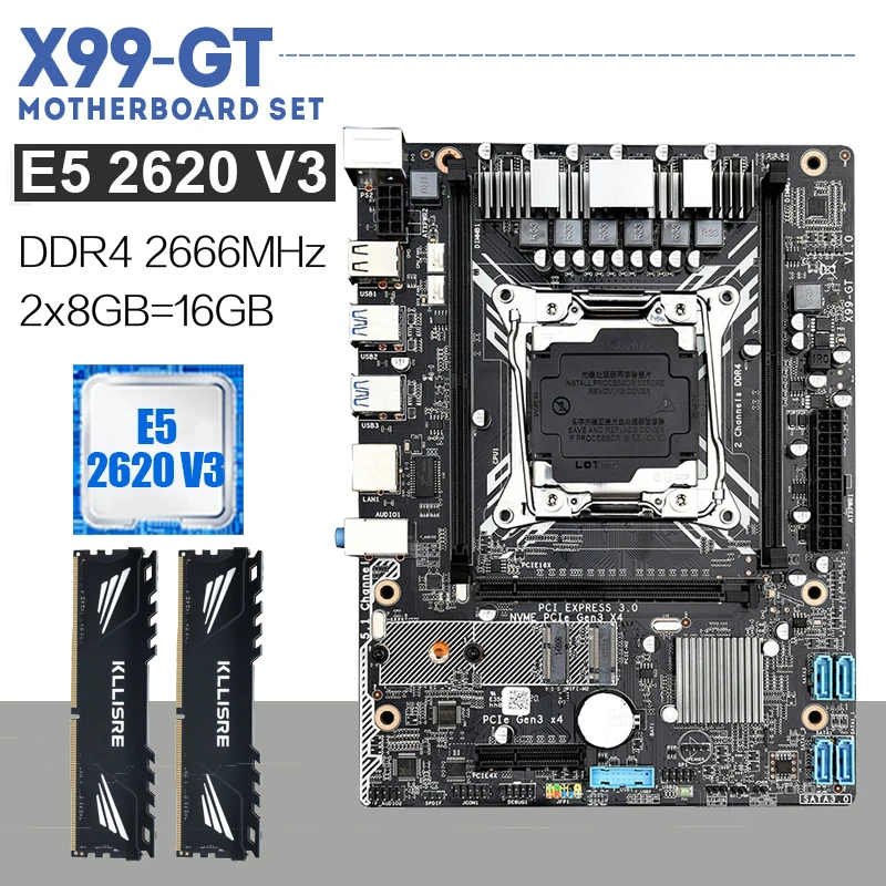 Kllisre X99 GT материнская плата с Xeon E5 2620 V3 LGA2011-3 CPU 2шт X 8 ГБ = 16 Гб 2666 МГц DDR4 память |