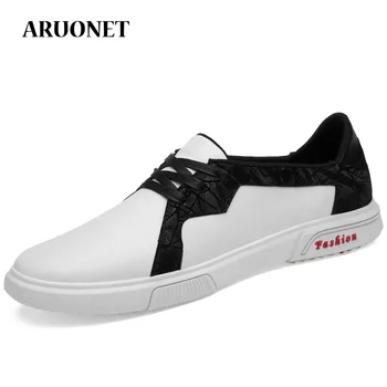 

AURONET Men's Leather Shoes Classic Male Lace up Flats Black White Men Krasovki Large Size Casual Sneakers zapatos de mujer