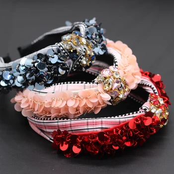 

Flower rhinestone pearl check hair accessories Fashionable simple temperament flower scale cloth crossover ladies headband 705