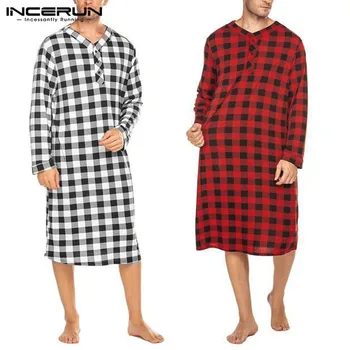 

INCERUN 2020 New Men Sleep Robes Long Sleeve V Neck Plaid Nightgowns Man Button Loose Breathable Sleepwear Causal Long Bathrobes