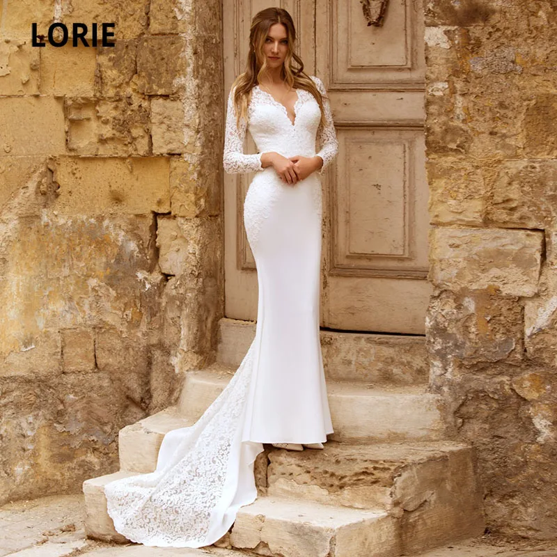 Lorie Abiti Da Sposa Boho Sirena Scollo A V Pizzo Maniche Lunghe Chiffon Elastico Bianco Avorio Paese Abito Da Sposa Suknia Lrlgbt Na