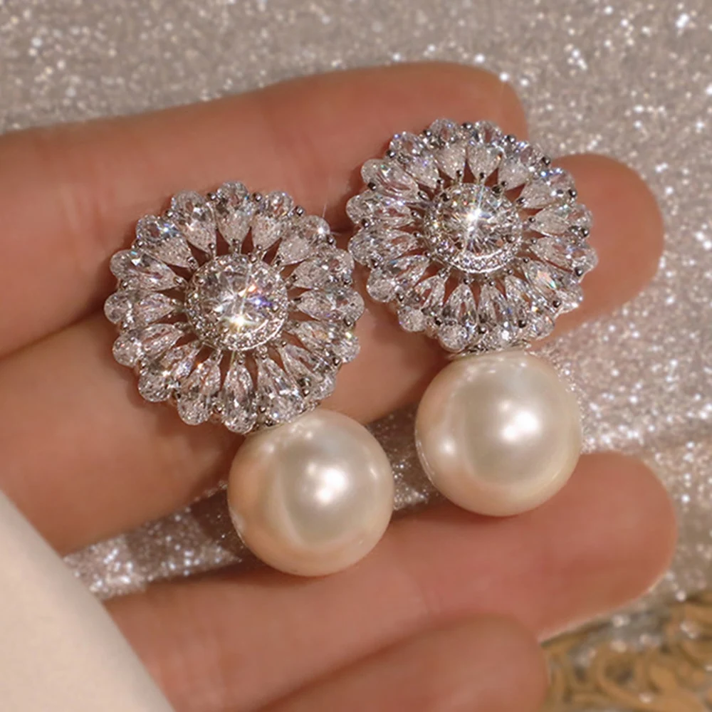 

Ekopdee Brilliant Flower Pearl Stud Earrings For Women Silver Color CZ Zircon Earrings Female Elegant Engagement Wedding Jewelry