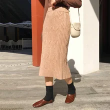 Зима Осень Новая мода женские длинные вязаные юбки цвета хаки женские зимние элегантные утолщенные прямые юбки с высокой талией в стиле ретро