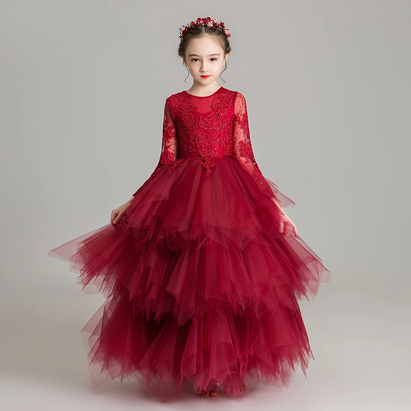 Элегантное красное Тюлевое платье с цветочным узором для девочек на свадьбу; вечерние платья принцессы с длинными рукавами для выпускного вечера; детская одежда для первого причастия; Пышное Платье