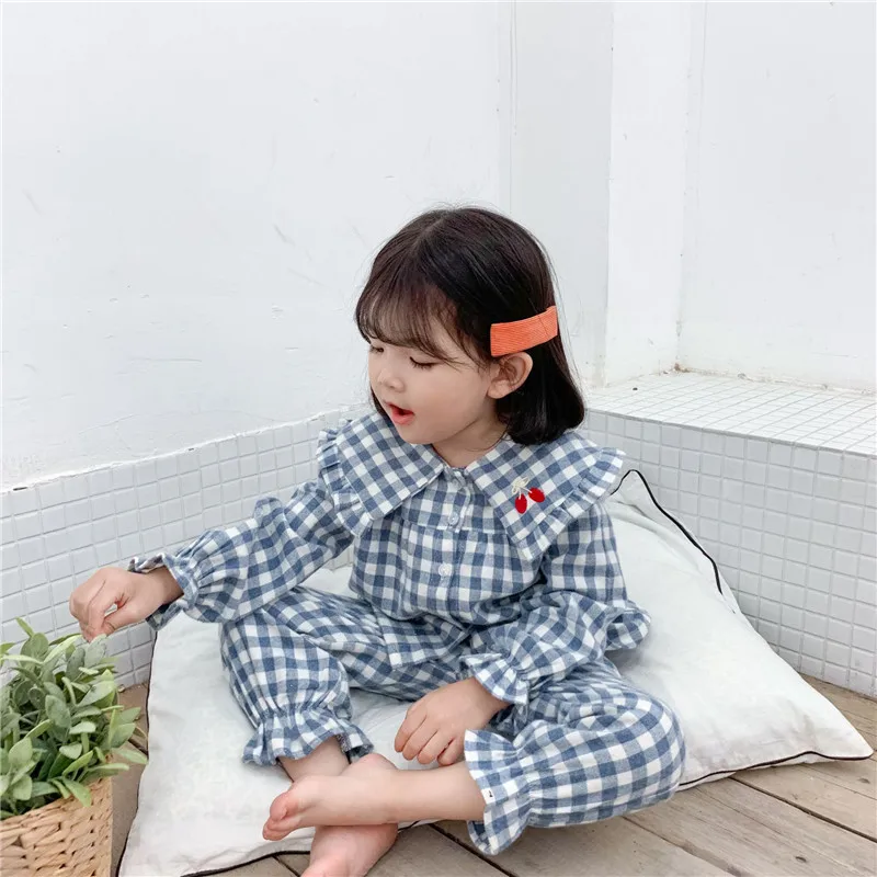 Новинка года; корейский пижамный комплект в клетку для девочек; хлопковые детские пижамы высококачественное ночное белье для маленьких девочек одежда с длинными рукавами для маленьких девочек - Цвет: blue grid