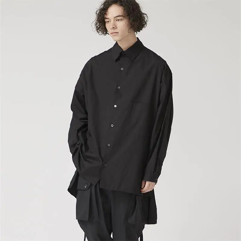 Men's new Korean classic dark personality short front and long back men's casual loose large size shirt