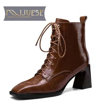 

MLJUESE 2021 women Ankle boots Cow leather Winter short plush Square Toe Zipper High heels female boots size 41