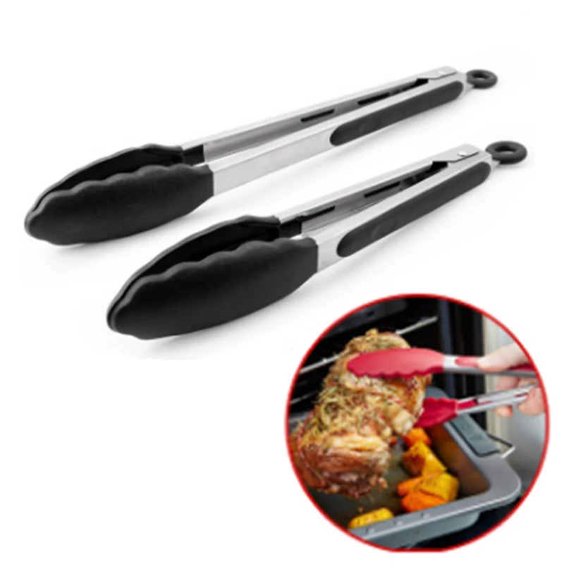 8inch Silicone BBQ Grilling Tong Salad Bread Serving Tong Non-Stick Kitchen Barbecue Grilling Cooking