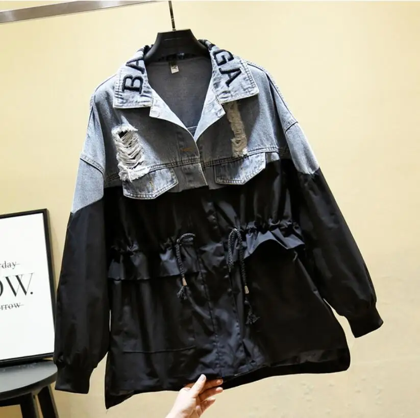 Новая коллекция, рваная Джинсовая Верхняя одежда, Свободный плащ с сужающимися буквами и вышивкой для женщин в la - Цвет: Черный
