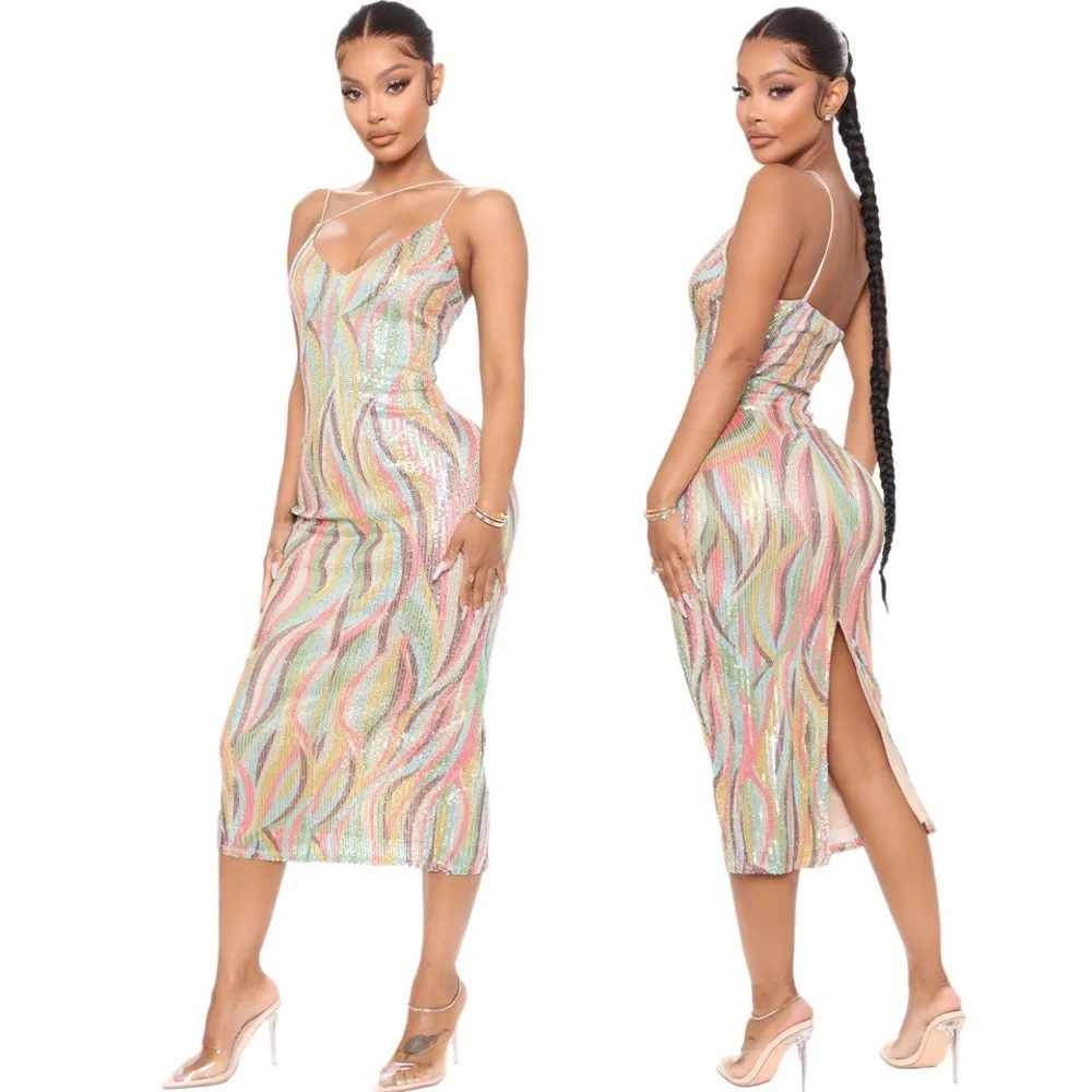Tight-fitting Sequined Fashion Temperament Women Party Dress Summer Sexy Club Bodycon Spaghetti Strap Dress Midi Vestidos