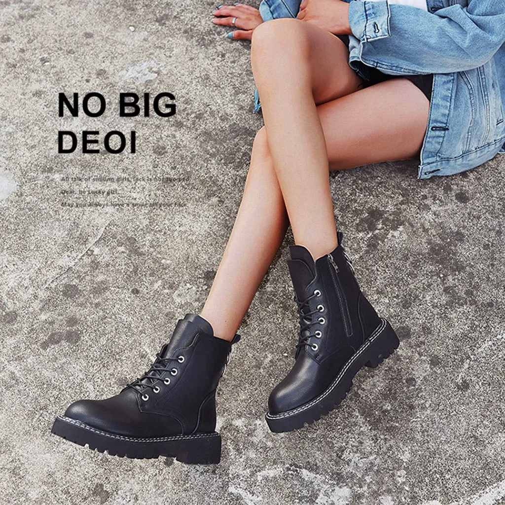 

Fashion Leather Martins Boots For Woman Winter Warm Lace-up Ankle Boots woman shoes solid Waterproof Chelsea Boots ботинки женск