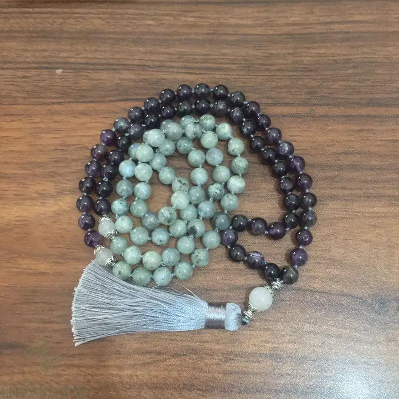 

8mm Moonstone Amethyst 108 Pearl Mara Necklace Knotted With Tassels Buddhism Natural Gemstone Lucky Pray Chakas Sutra Tassel
