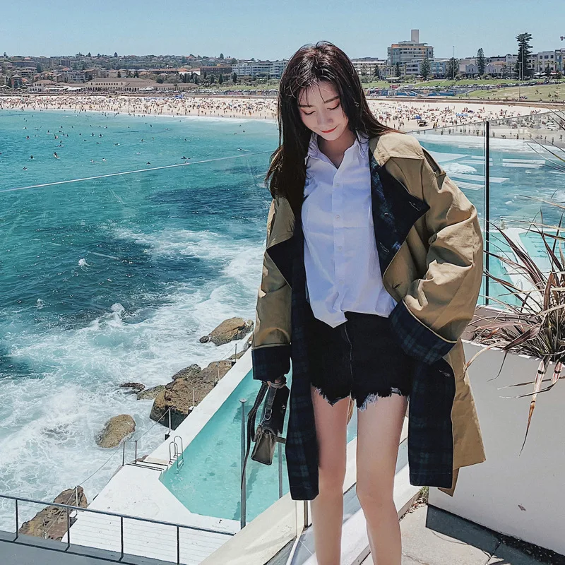 

Photo Shoot Trench Coat Women's Mid-length 2020 Spring And Autumn New Style Korean-style Khaki Plaid Stitching Short-height Coat