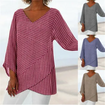

Women Asymmetrical Casual Blouse 2019 Fashion Striped Tops V Neck Tunic Tops Split Short Sleeve Tee Shirts Female Summer Chemise