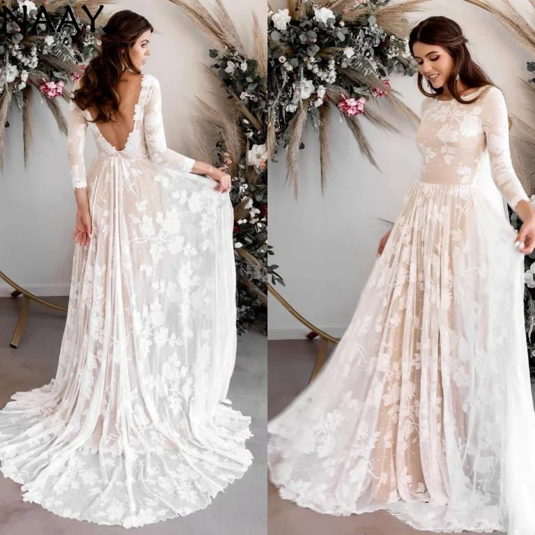 

2020 Bohemian A Line Wedding Dresses Long Sleeves Open Back Full Lace Applique Boho Beach Bridal Gowns