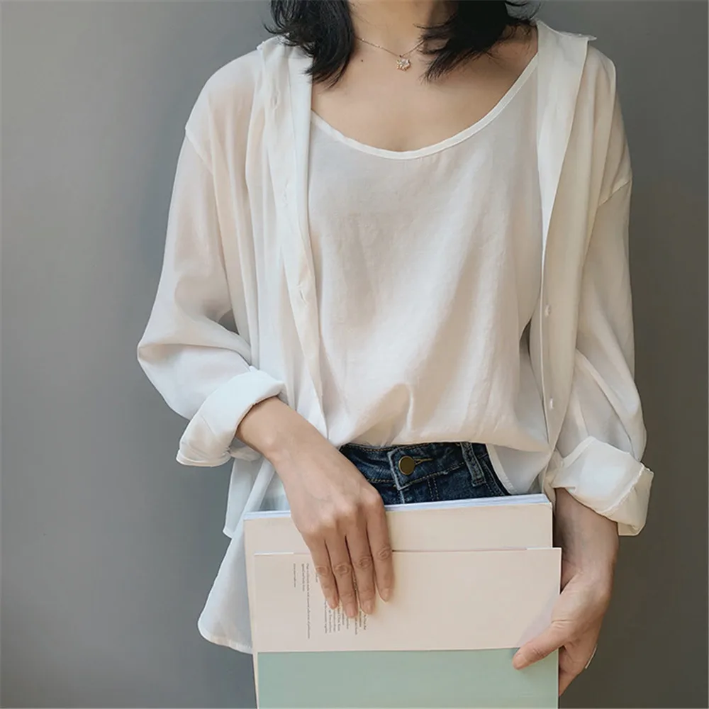 High quality 2pcs Women Blouse Shirt 2020 Summer Solid All match Satin Blouses Shirts Femal Blouse+halter tops Z1082 (25)