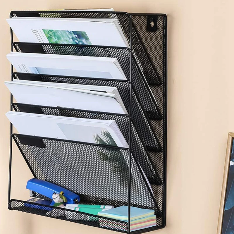 Goedkoop Metalen Mesh Muur Gemonteerde Tijdschrift Bestand Rack Bureau 5 Layer Interval Archief File Magazine Tijdschrift Notebook Opslag Zwart
