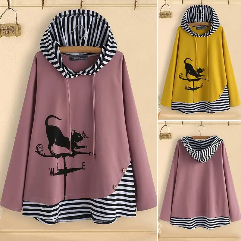  ZANZEA Autumn Women Blouse Cartoon Cat Hoodies Hooded Long Sleeve Tops Casual Patchwork Striped Shi