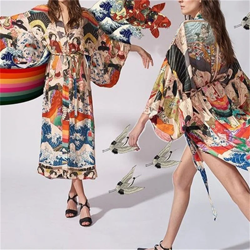 beach maxi dress with sleeves 2021 Summer Women Fashion Print Long Sleeve Cardigan Female Blouse Loose Casual Cover Up Shirts Beach Kimono Blusas Plus Size bikini and cover up set