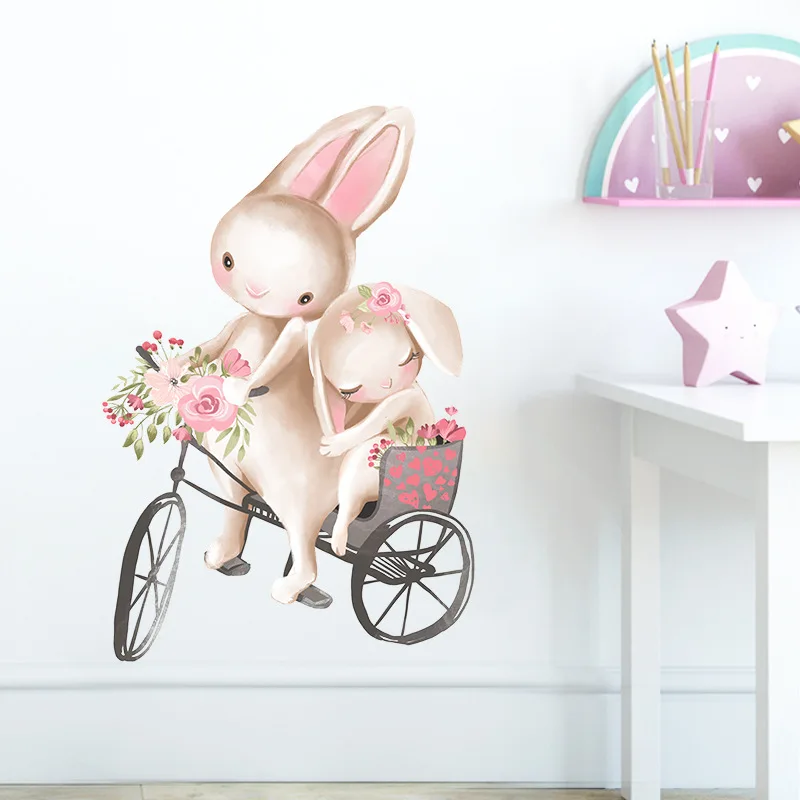Cute Rabbit Cycling Couple Wall Stickers Children's Room Baby Room Decoration Stickers Girls Bedroom Wall Stickers