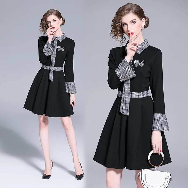 

2019 Autumn And Winter New Style WOMEN'S Dress by Age Ladies' Contrast Color Pattern Beads Slim Fit A- line Dress
