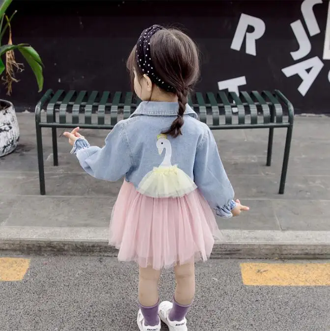 

20169 Autumn Baby Girls 2Pcs Sets Swan Denim Jacket With Long Sleeve Tulle Dress Fall Girls Outfits