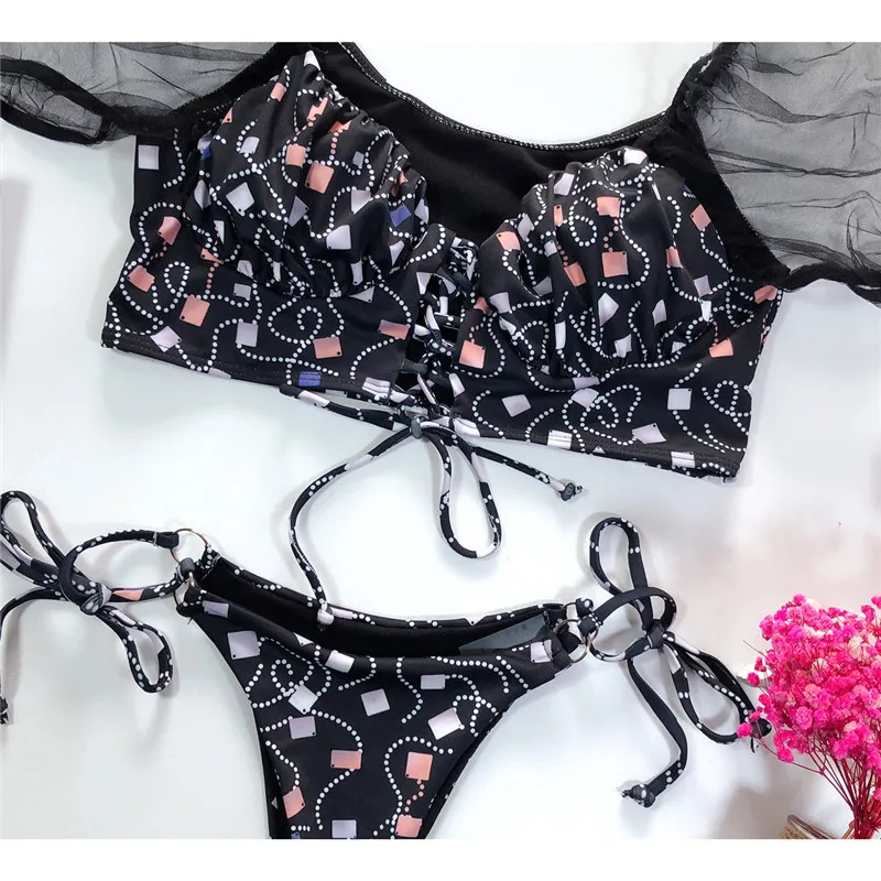 Trendy Bikini Set Lady 2020 Bandage Bikini with Lace Short Sleeve Geometric Print Swimusit Swimwear Women Beachwear Bathing Suit Trendy Bikini Set Lady 2020 Bandage Bikini with Lace Short Sleeve Geometric Print Swimusit Swimwear Women Beachwear Bathing Suit