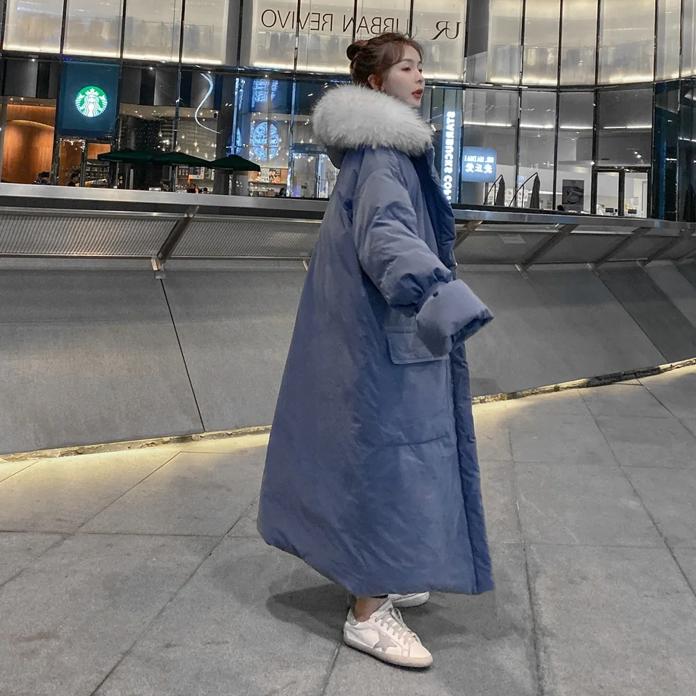 

Photo Shoot over-the-Knee Long Cotton Overcoat 2019 Winter New Style WOMEN'S Dress Retro Laziness-Style Large Fur Collar Hooded
