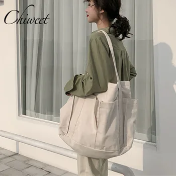 

Women Large Capacity Shoulder Bags Student Designer Tote Bucket Bag Casual Multiple Pockets Canvas Bags Female Luxury Handbags