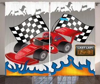 

Cars Window Curtains Race Car with Finish Line Flags Pilot and Flames with Abstract Grey Background Print Living Room Decor
