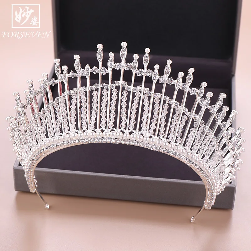 

Bride Hair Accessories New Style Handmade Beaded Bracelet Crown Hair Clasp Wedding Headdress Silver Diamond Set Pearl Crown Wedd