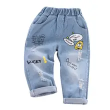 От 6 месяцев до 3 лет Детские медведь буквы печатный рисунок джинсовая брюки отличные хлопковые обычные толстые детские осенние рваные Брюки с карманами