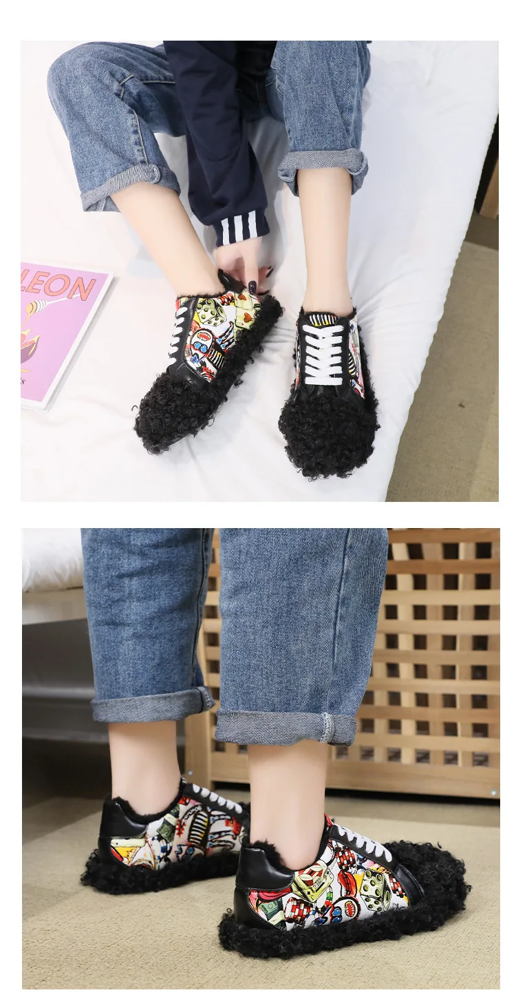 New Fashion Plush and Velvet Flat Bottom Graffiti Shoes Female Wear Thick Warm Casual Winter Womens Sneakers W20-57