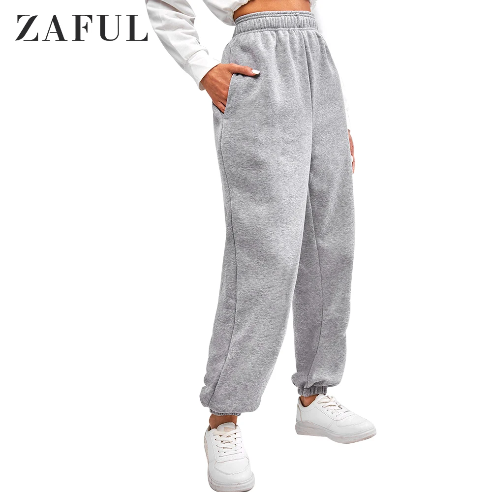 

ZAFUL Winter Women Casual Gym Sweatpants Fleece Pocket Thick Warm Loose Trousers Solid Female Sport Running Pants Pantalones