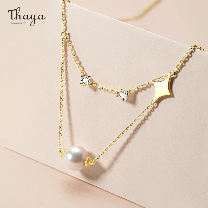 

Thaya Authentic 925 Silver Star Necklace Plated 14k Gold Natural Freshwater Pearl Necklace Pendant Elegant For Women Fine Jewelr