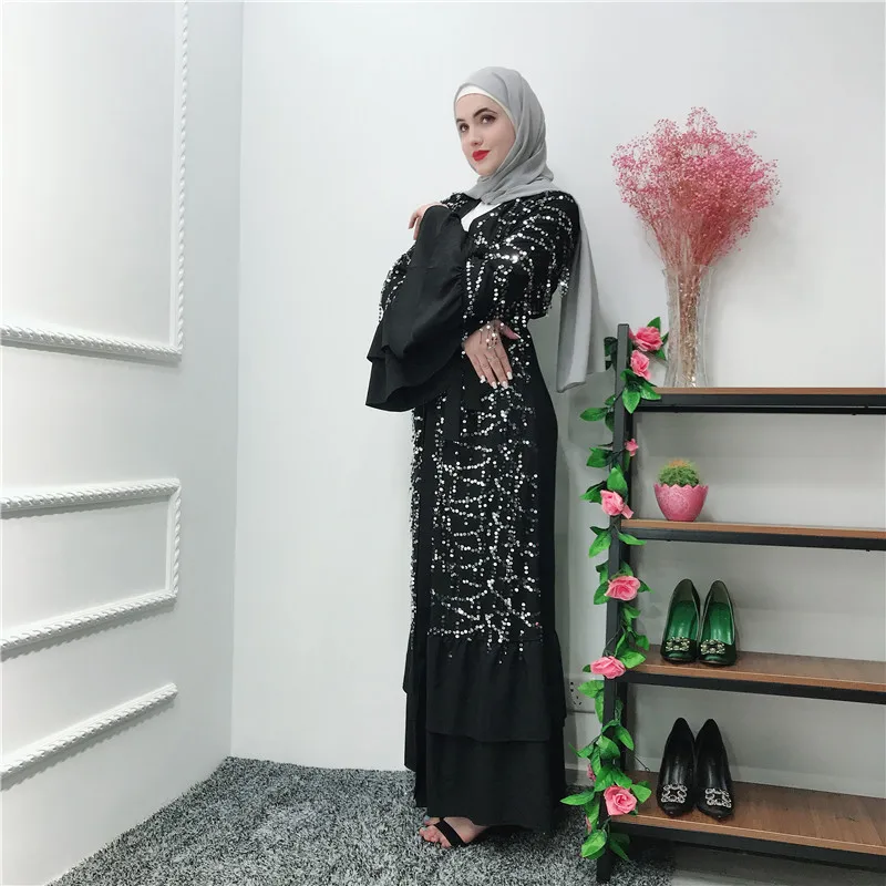 Мусульманская одежда, мусульманское платье Абайи, женское кимоно с расклешенными рукавами и рюшами, кафтан, длинное платье с блестками, платье на шнуровке Jubah