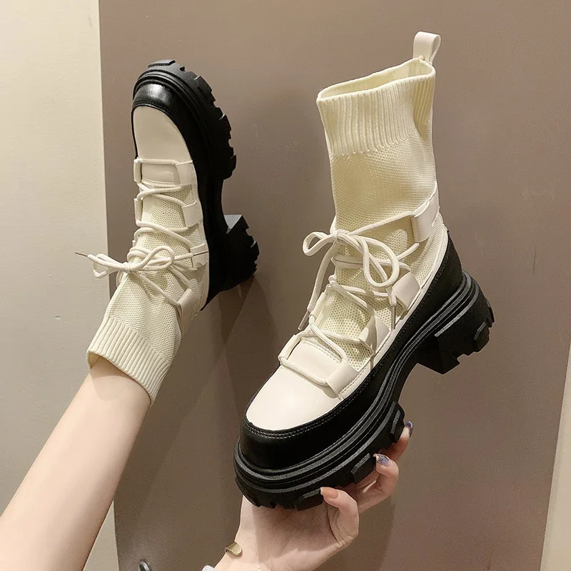 

Winter Warm Women Elastic Sock Boots 2020 New Fashion Women Chunky Heel Boots Woman Stretch Sexy Shoes Ankle Lace-up Botas Mujer