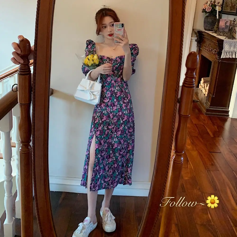 

Women Casual Floral Print dress French Romance Dresses Square Collar Dresses Retro Ruffles Puff Sleeve Midi Dresses ka822