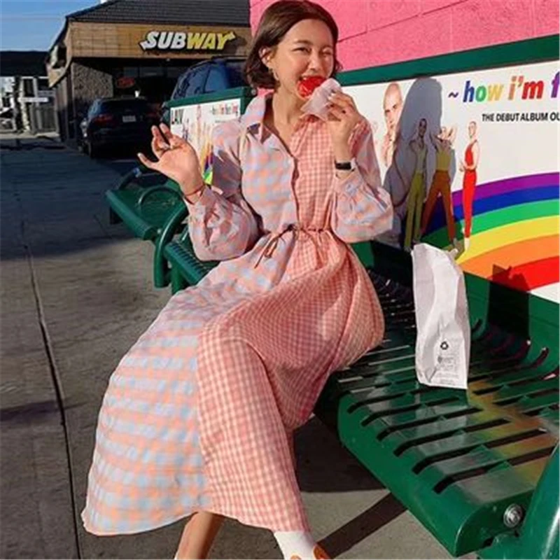 

Loose Lace up Long Shirt Dress Women Korean Style Stripe Patchwork Dresses Fashion Plaid Hit Color Design Dresse For Lady