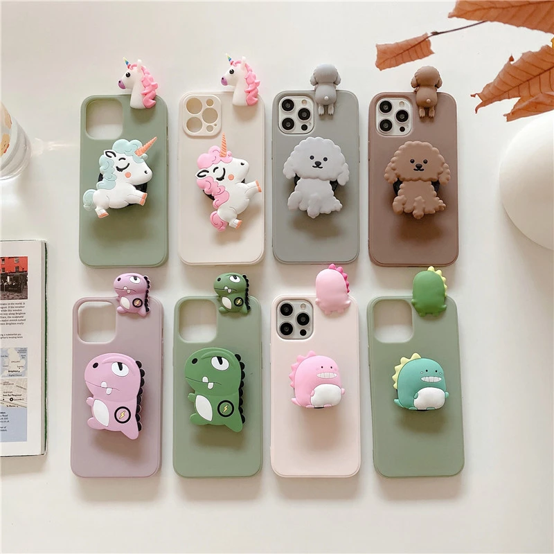 Super cute Cartoon 3D Teddy dog Dinosaur stand holder soft  case for iphone 12 Pro MAX 11 7 8 XS XR 13 plus lovely unicorn cover iphone 13 pro phone case